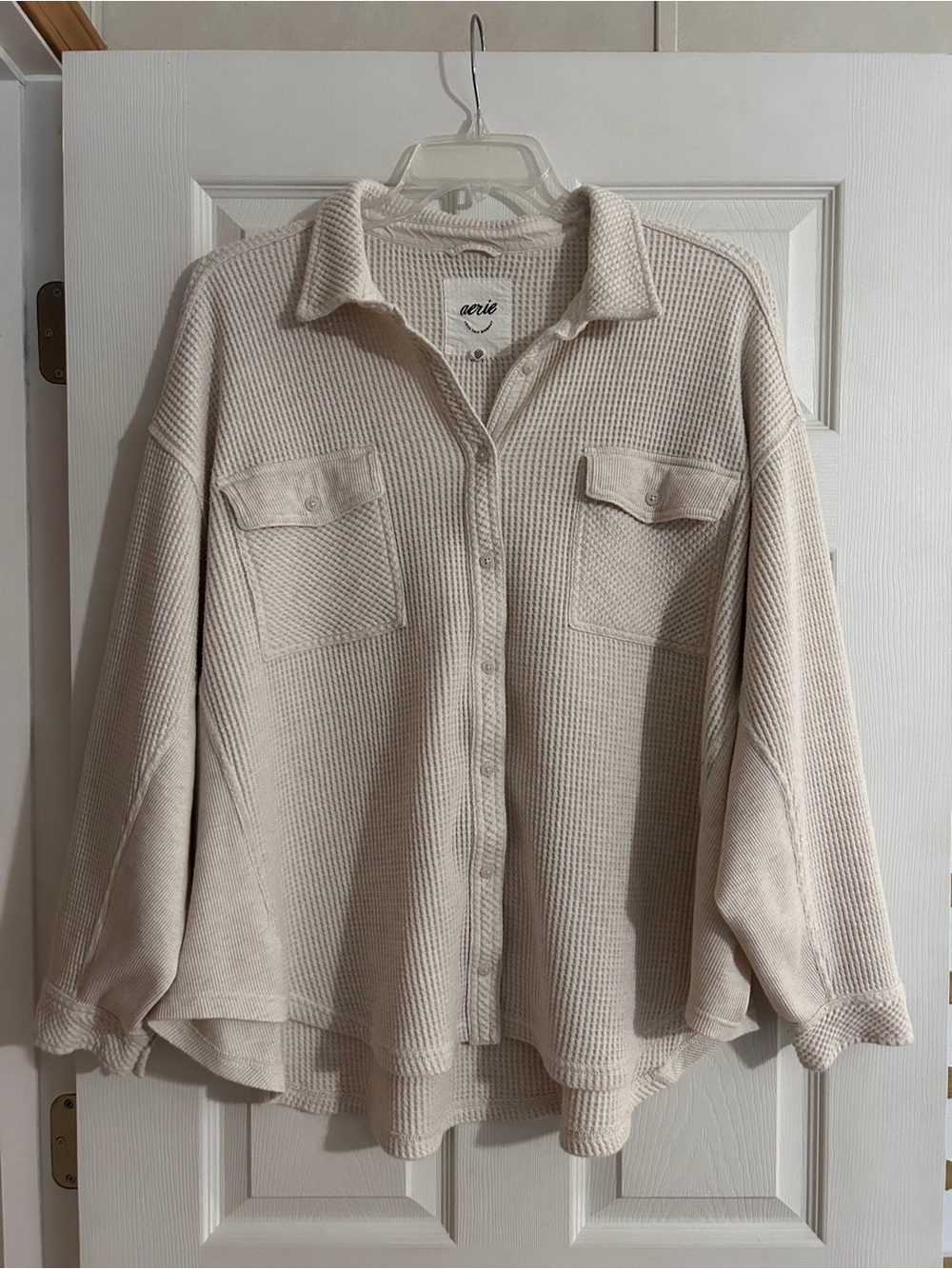 aerie Cream Waffle Knit Button-Down Shirt Jacket